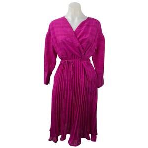 Sewlip Women's Pink Long Sleeve V Neck Pleated Tie Waist Wrap Midi Skirt Size M